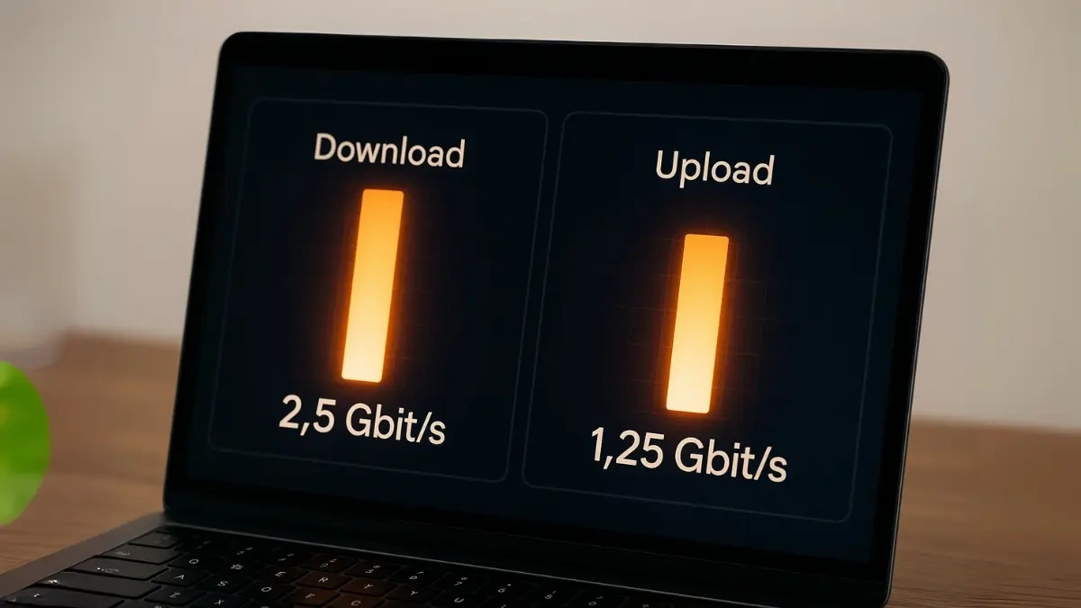 Bildschirm zeigt Speedtest-Ergebnisse mit Download- und Upload-Werten.